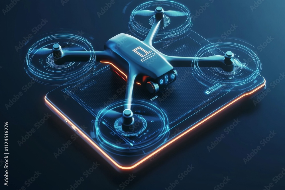 Poster a futuristic black drone hovering above a glowing tablet interface, showcasing advanced technology a