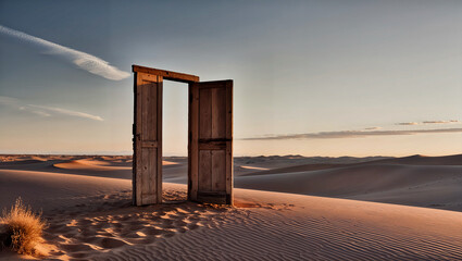 Surreal image of an open door in the vast desert inviting exploration and the thrill of discovery. Generative AI