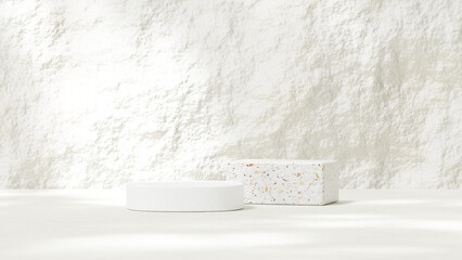 Background featuring an empty product display mockup with a white backdrop and abstract geometric platforms designed for showcasing merchandise in landscape orientation.