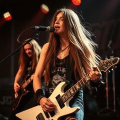 rockstar woman singer sing with guitar on stage