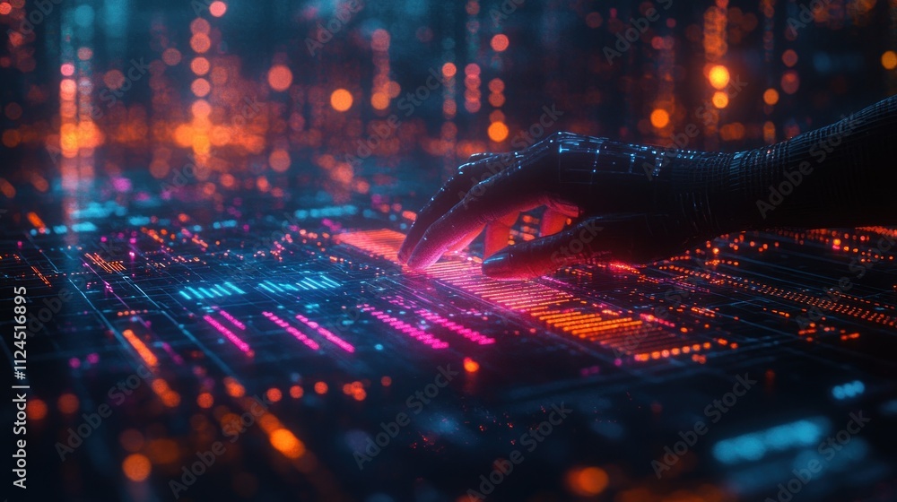 Poster futuristic data visualization with dynamic bar graphs and neon line charts in cyberpunk style