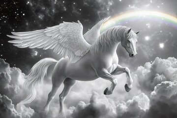 Proud winged horse flying over white clouds under rainbow and starry sky, monochrome image