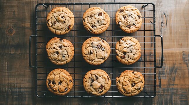 A cooling rack of freshly baked chocolate chip cookies.