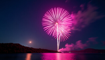 Pink Fireworks Over a Lake at Night