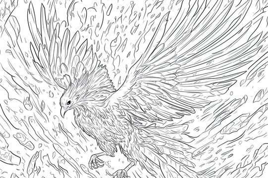 Intricate black and white illustration of a phoenix rising from flames, perfect for coloring enthusiasts of all ages