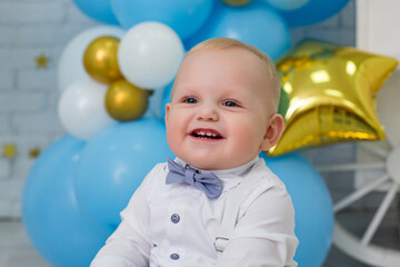 Adorable One-Year-Old Boy Celebrating First Birthday in Blue Decor