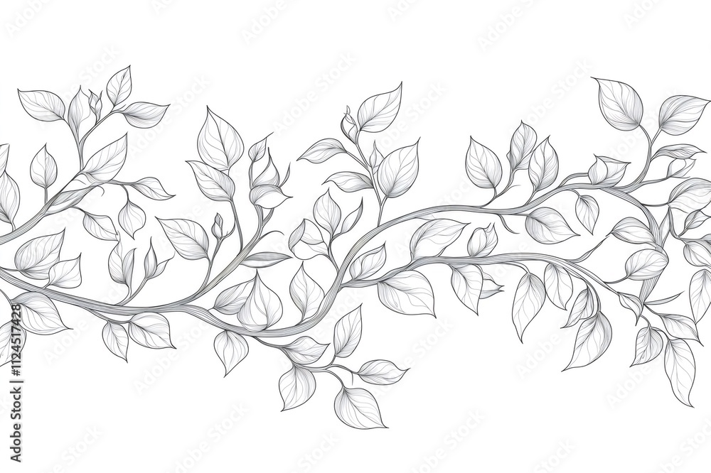 Poster intricate floral vines and leaves gracefully curve along a branch, creating a seamless pattern suita