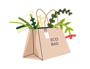 Eco paper bag with green leaf plants inside. Natural recyclable biodegradable reusable package. Zero-waste plastic-free shopping concept. Flat vector illustration isolated on white background