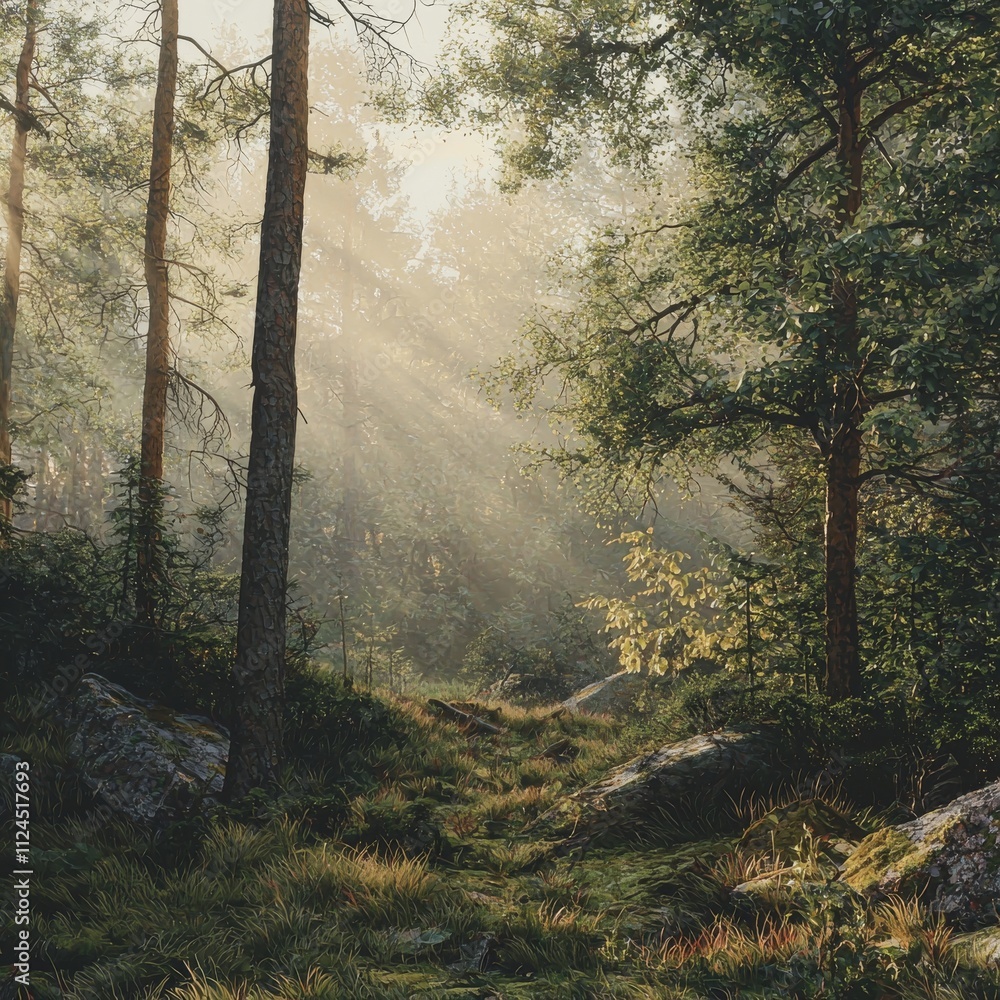 Poster a serene forest path illuminated by soft sunlight filtering through the trees, creating a tranquil a