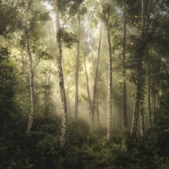 Fototapeta premium Serene forest scene featuring tall birch trees, lush greenery, and soft light filtering through the foliage.
