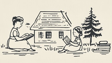 Vintage illustration of children reading outdoors near a cottage