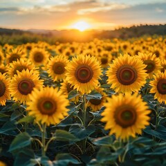 Fototapeta premium Serene Field of Vibrant Sunflowers at Dawn with Soft Sunlight