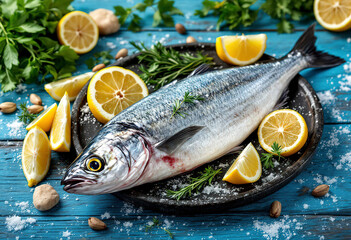 A whole raw fish, likely a mackerel or similar, on a blue wooden surface