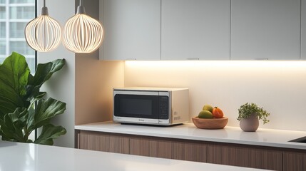 Modern kitchen with microwave and stylish lighting