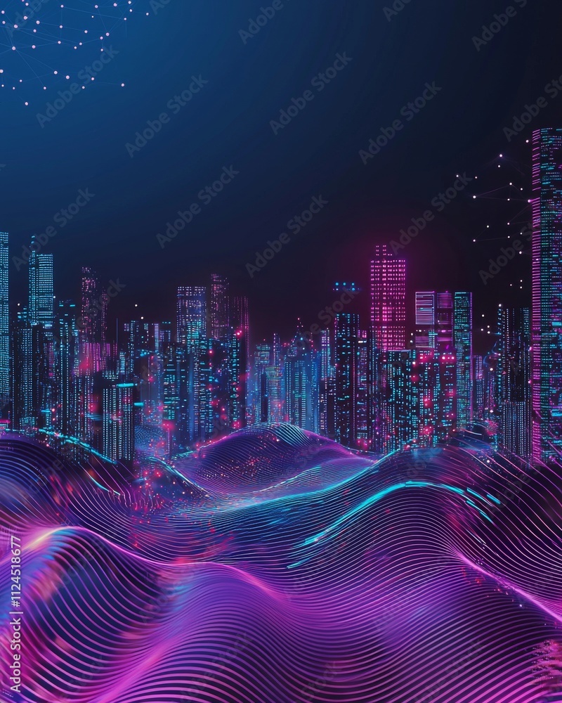 Poster futuristic cityscape with vibrant neon lights and abstract wave patterns, creating a tech-inspired a