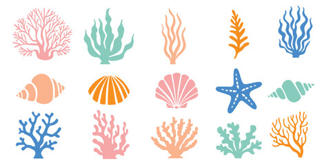 Underwater coral and seaweed, shells, vector cartoon on a white background.Vector eps 10