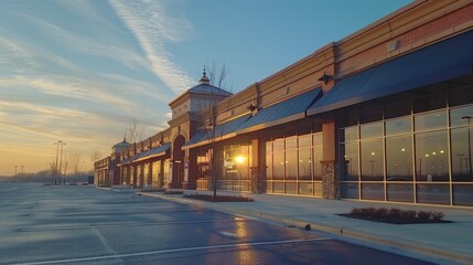 Sunrise over empty modern retail building with large windows and ample parking.