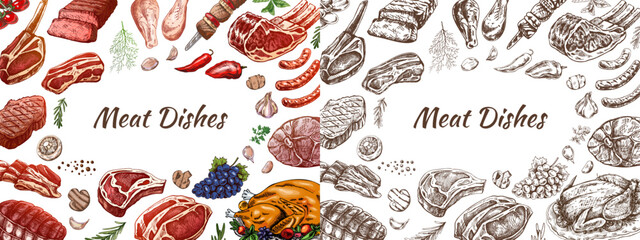 Meat dishes sketch collection for restaurant menu card and branding