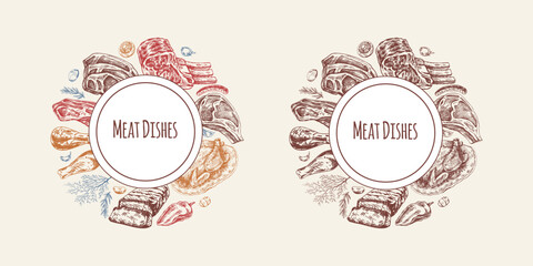 Meat dishes circular template for menu card and food branding