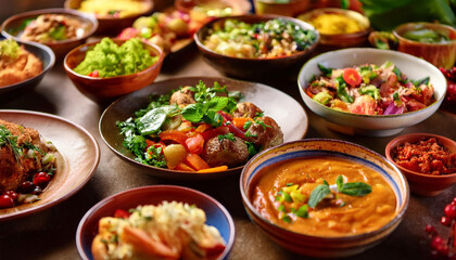 Fototapeta premium Delicious Array of Colorful Dishes on a Table