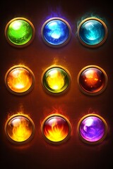Colorful magical orbs glowing with energy in a grid pattern, showcasing vibrant colors and mystical effects.