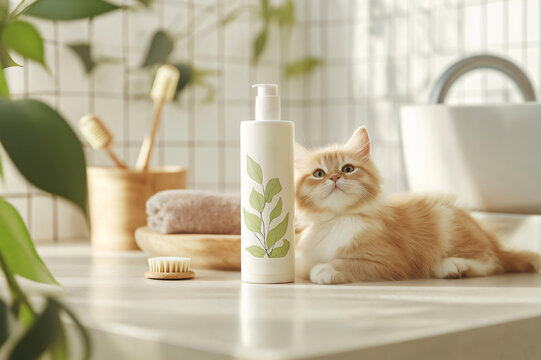 Ginger kitten resting on bathroom counter next to a customizable organic pet shampoo bottle, promoting pet hygiene and wellness