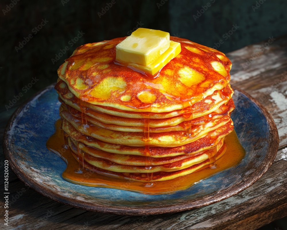 Poster stack of golden pancakes drizzled with syrup and topped with a pat of butter.