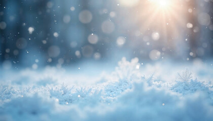 Naklejka premium Snowflakes On Snow - Christmas And Winter Background - Natural Snowdrift Close Up With Abstract Light