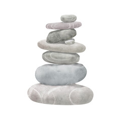 Balance pyramid of stones for meditation. Watercolor digital illustration. Stacked pebbles and sea pebbles of gray shades, isolated on white background. Harmony and zen concept.