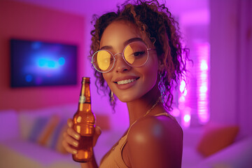 A woman with a beer relaxes and dances in her apartment living room