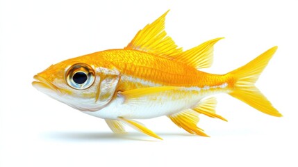 Fototapeta premium Vibrant Golden Fish with Bright Yellow Fins Swimming Against a Clean White Background
