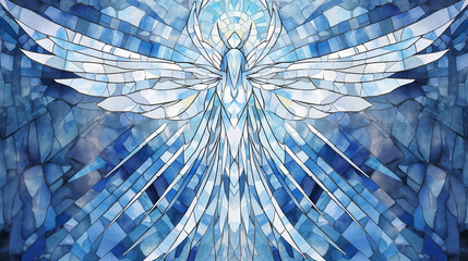 Stunning stained glass artwork of a majestic angel with outstretched wings in vibrant blue hues