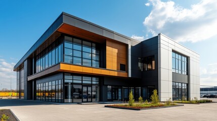 Fototapeta premium Modern Commercial Building with Large Glass Windows and Contemporary Design under Clear Blue Sky
