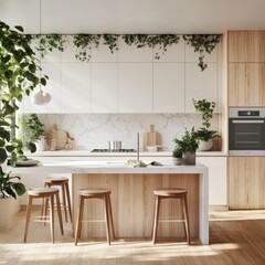 Fototapeta premium Modern kitchen with wooden accents and lush greenery, showcasing a stylish and inviting space.