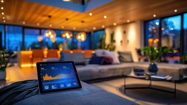 Smart home energy management system displaying real-time energy usage data on a tablet in a modern living room