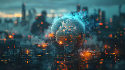 Global Network: A glowing Earth orb, enveloped in a shimmering blue energy field, rises above a futuristic cityscape, symbolizing interconnectedness and technological advancement. 