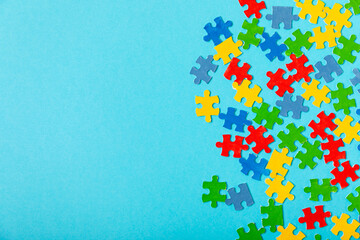 Autism puzzle.Autism awareness day. Colorful bright puzzles.Puzzle. 2 April world autism awareness day background. Top view. Space for text.Copy space.Design element.Care Awareness campaign for Autism