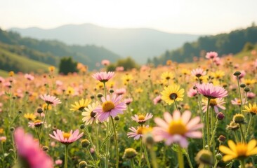 Obraz premium Landscape with a bright field of wildflowers in the foreground leading to hills in the distance