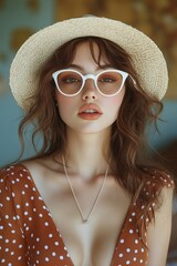 woman in a brown polka dot dress with white sunglasses and a straw hat, in a retro-style fashion...