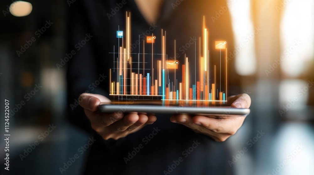 Poster futuristic financial data visualization on mobile device