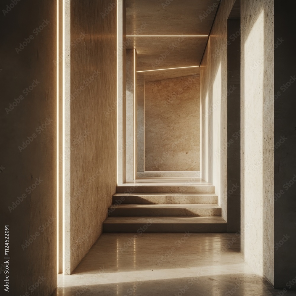 Poster an ethereal corridor with soft lighting and minimalist design, showcasing modern architecture and wa