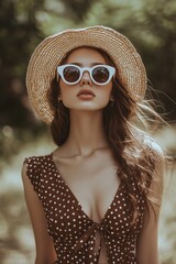 woman in a brown polka dot dress with white sunglasses and a straw hat, in a retro-style fashion...