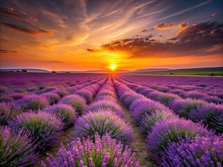 Purple lavender blooms bathe in the sunset's glow, a tranquil rural landscape.