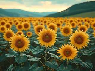 Fototapeta premium Captivating Sunflower Field at Serene Twilight with Glowing Blooms