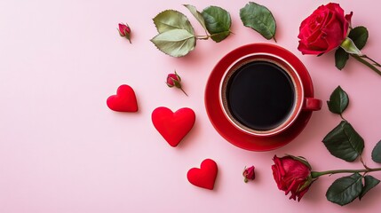 Romantic flat lay with red cup of coffee, roses and hearts on pink background. Mother's, women's or Valentine's day celebration. Copy space for text.