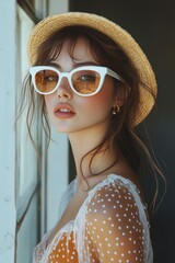 Fototapeta premium woman in a brown polka dot dress with white sunglasses and a straw hat, in a retro-style fashion photography