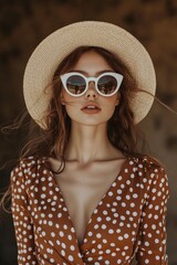 woman in a brown polka dot dress with white sunglasses and a straw hat, in a retro-style fashion...