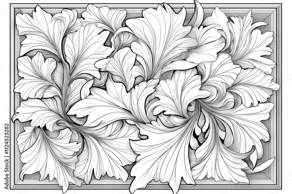 Poster intricate acanthus leaf vine pattern displayed as a coloring page, presented within a visually engag