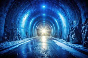 Dreamlike double exposure: a surreal blue tunnel pierced by mystical white light, fantastical art.