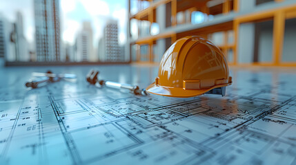 Construction Blueprint & Hardhat: A close-up image of a hardhat resting atop a blueprint, symbolizing the meticulous planning and construction of a new building.